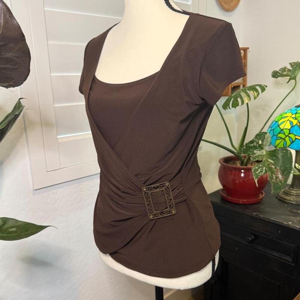 Vintage Y2K Chocolate Brown Ruched Buckle Wrap Top
